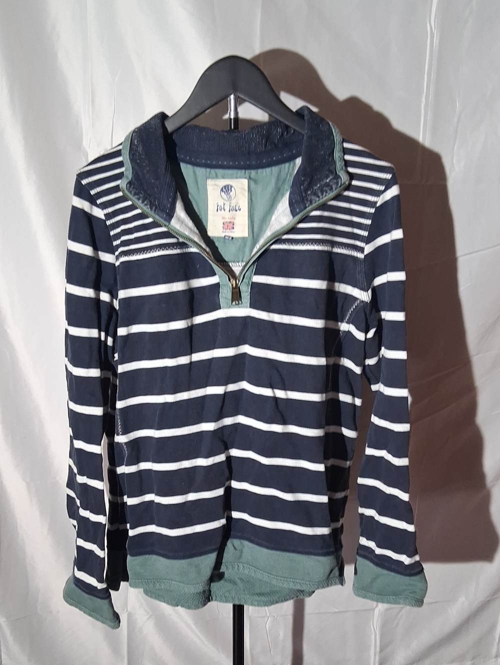 Fat Face Navy and White Striped Half-Zip Sweater with Mint Trim